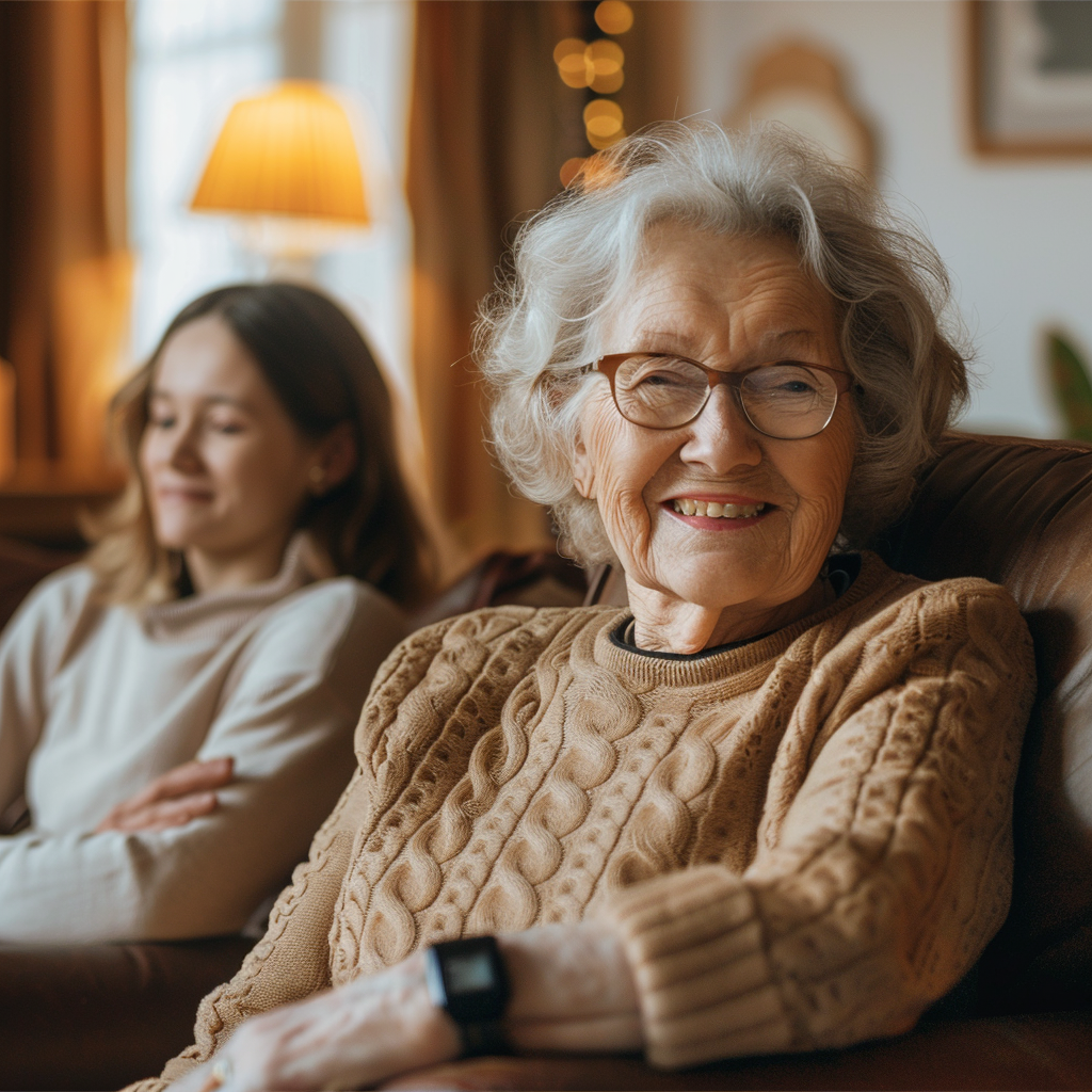 A senior woman sitting with a grand daughter.